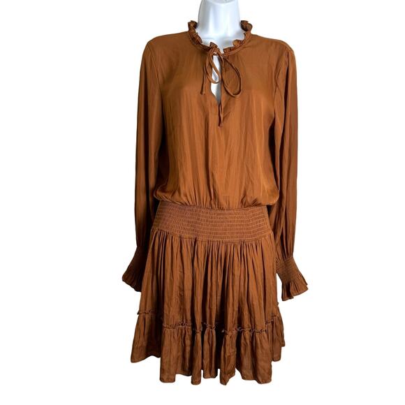 Mustard Seed Dresses & Skirts - Mustard Seed Casual Dress Women’s S Caramel Smocked Long Sleeve High Neck Tiered